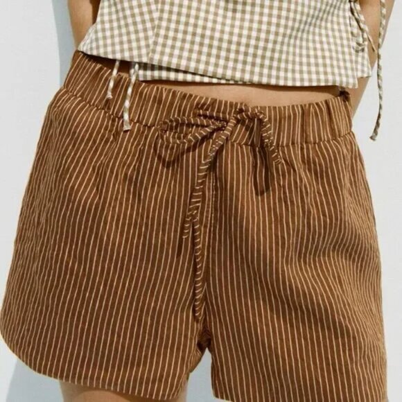 New Zara Striped High Waist Elastic Waistband Brown/Cream Boxer Shorts Medium - Picture 3 of 12